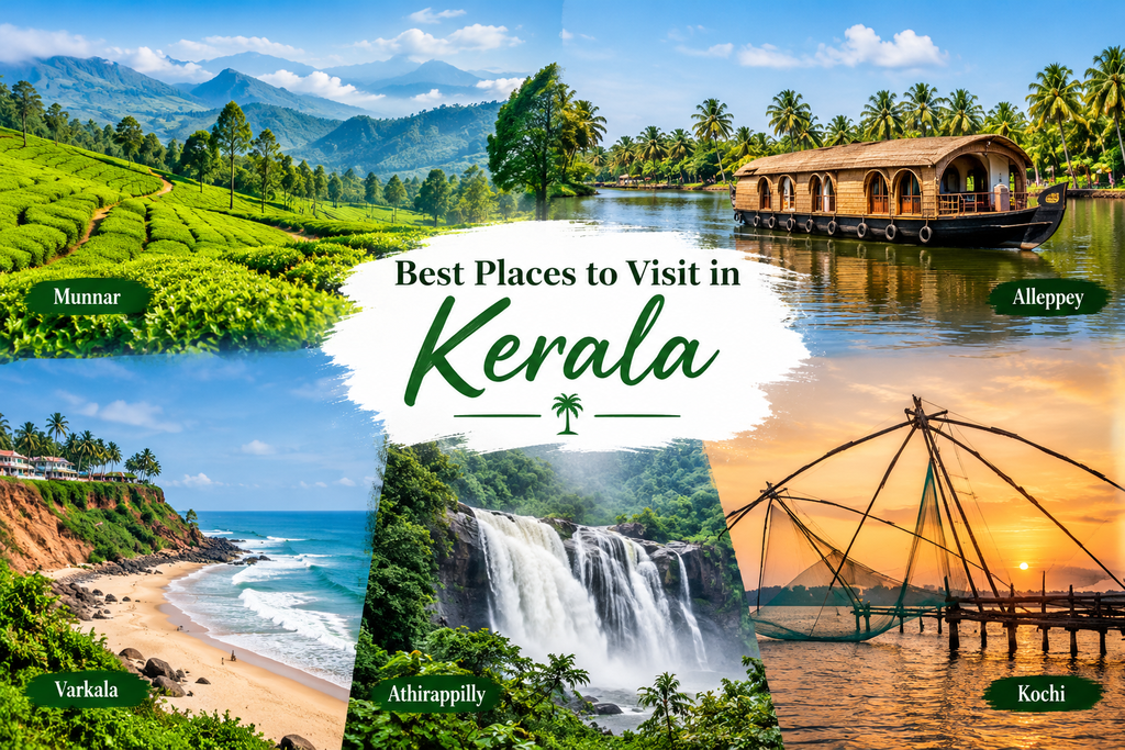 Best places to visit in Kerala featuring beautiful green hills, scenic backwaters, and lush natural landscapes
