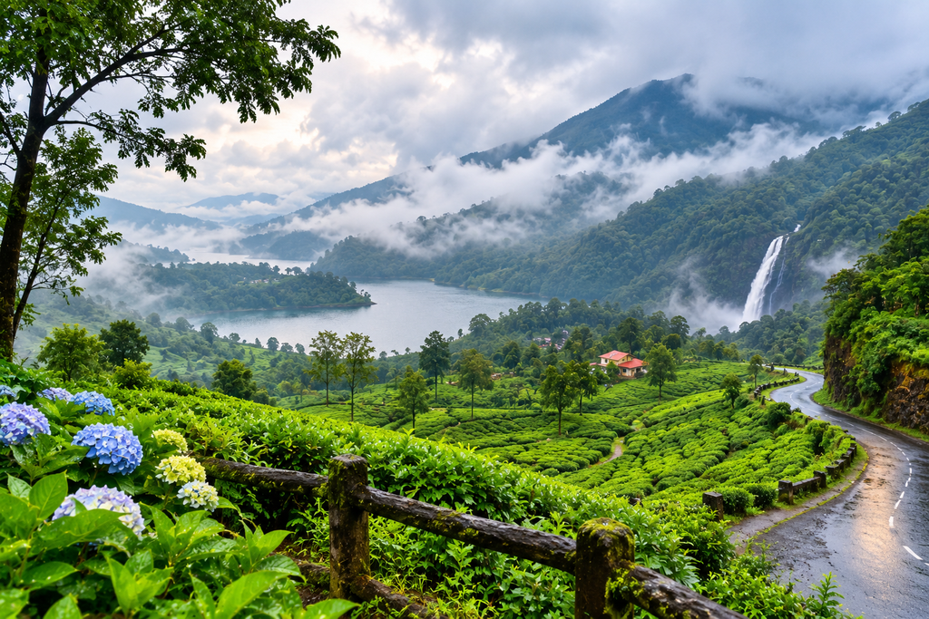 Best monsoon destinations in India featuring lush green mountains, misty valleys, and beautiful waterfalls.